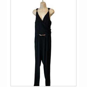 Women's Torrid 1 Black Sleeveless V Neck Gold Trim‎ Classic Dressy Jumpsuit NWT